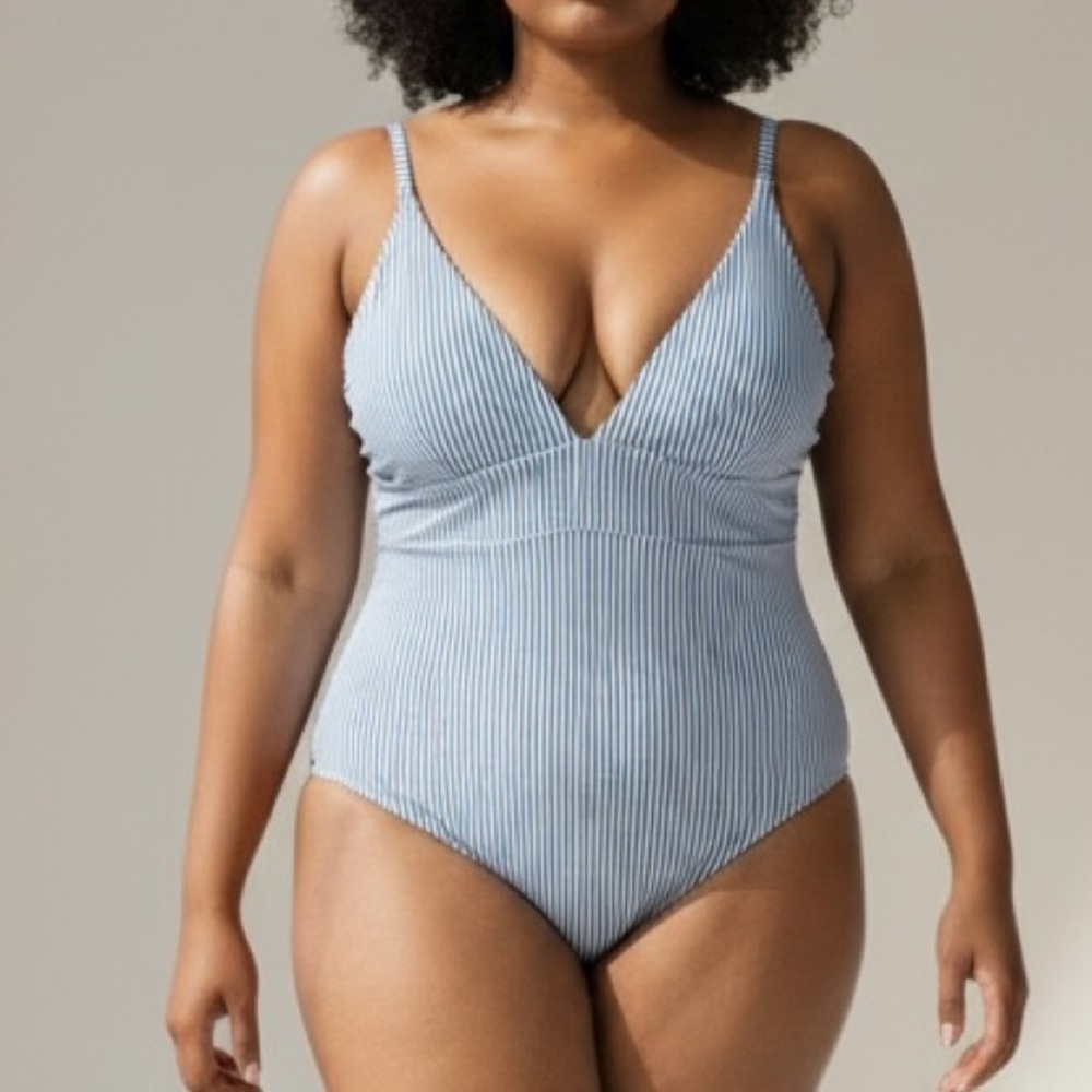 J. Crew Classic one piece swim suit size 24 blue white seersucker stripe
